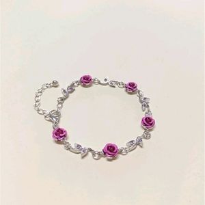 New Hot Pink Flower Design Silver Bracelet